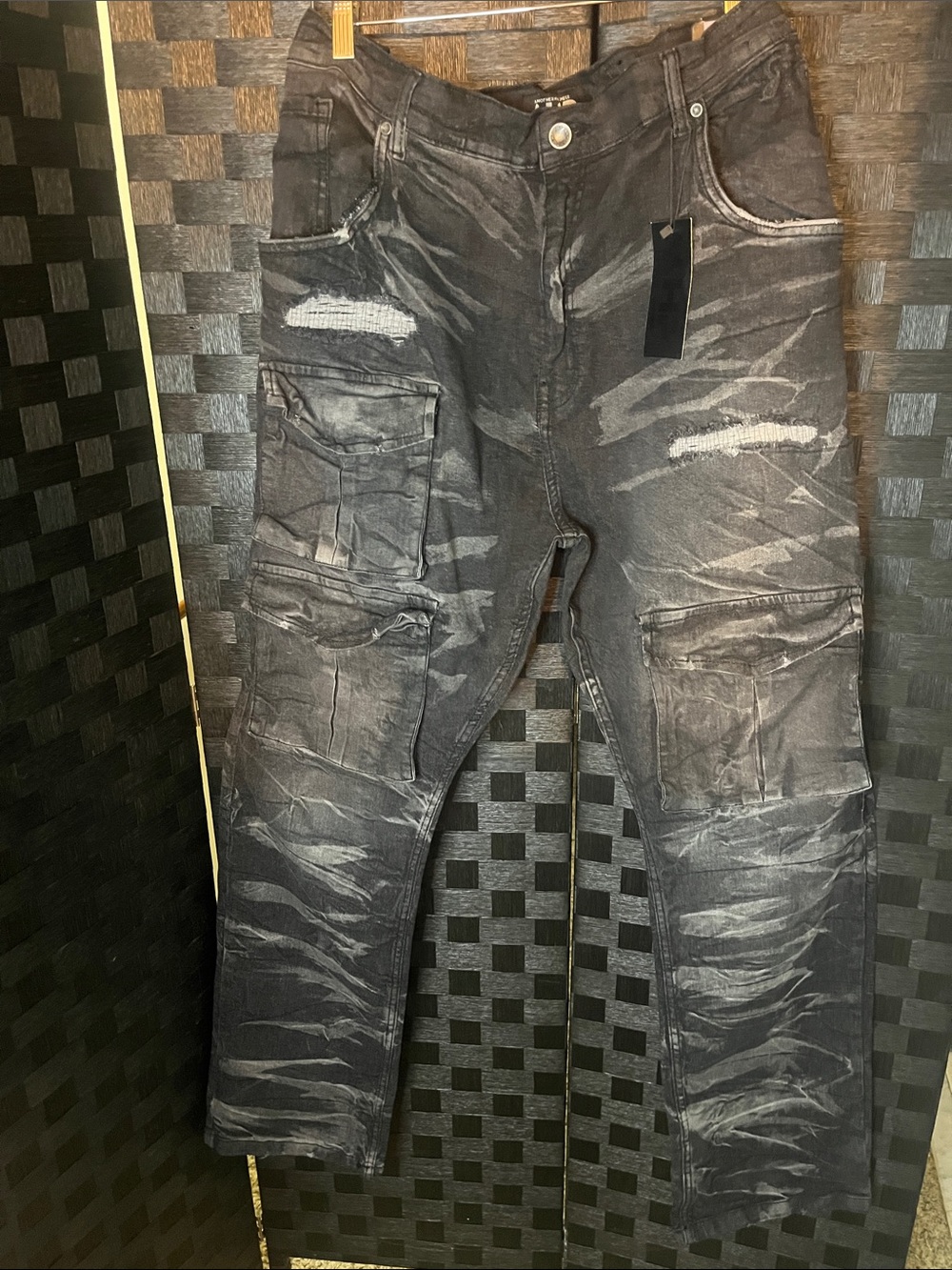 Men's Distressed Black Cargo Jeans
